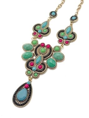 Bohemian Statement Necklace with Turquoise Green & Pink Stones and Lobster Lock